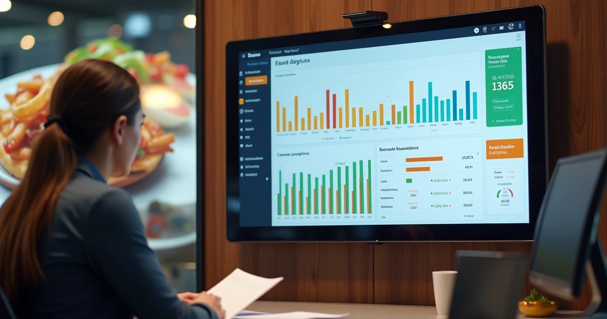 Painel digital mostrando relatórios de satisfação dos clientes para restaurante
