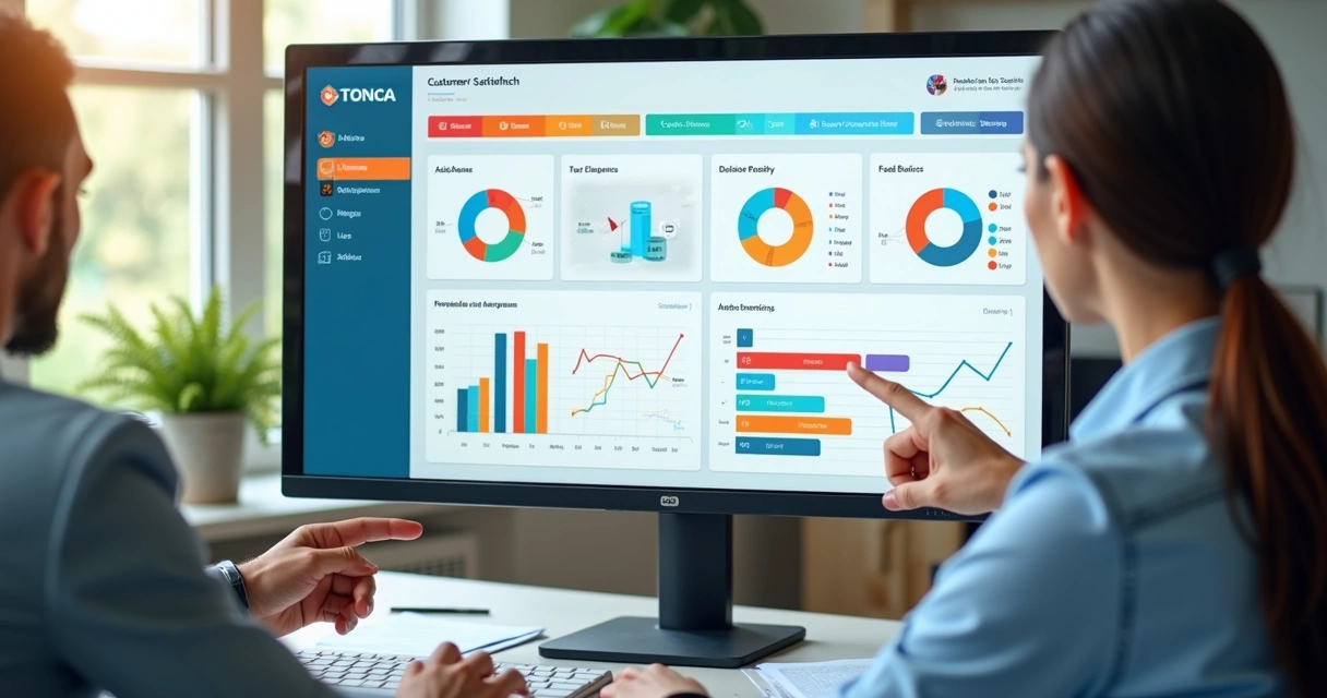 Dashboard digital de satisfação do cliente com gráficos coloridos. 
