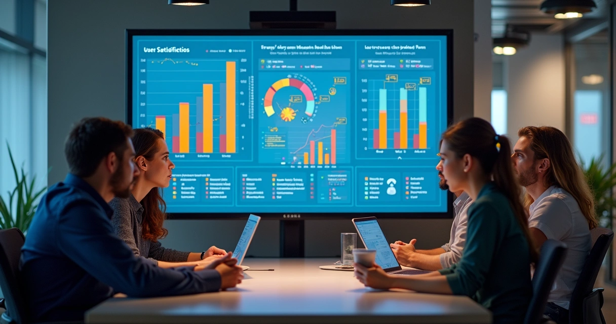 Dashboard de feedbacks com equipe analisando dados em tempo real