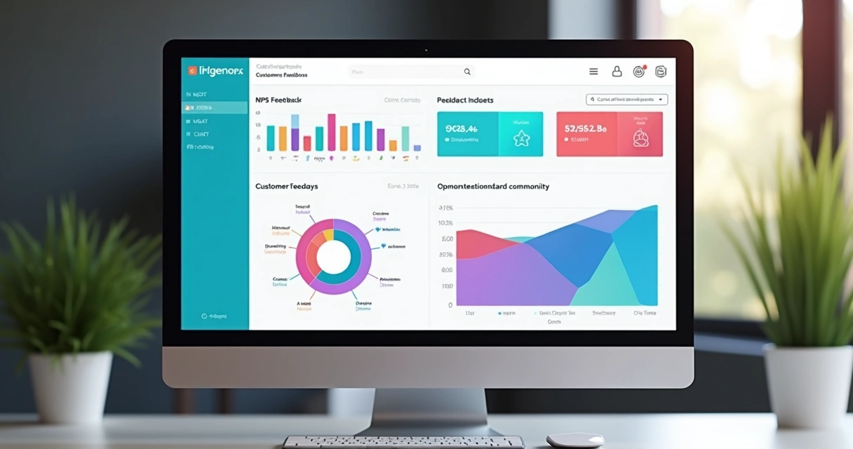 Dashboard colorido exibindo gráficos de NPS, CSAT e feedbacks organizados. 