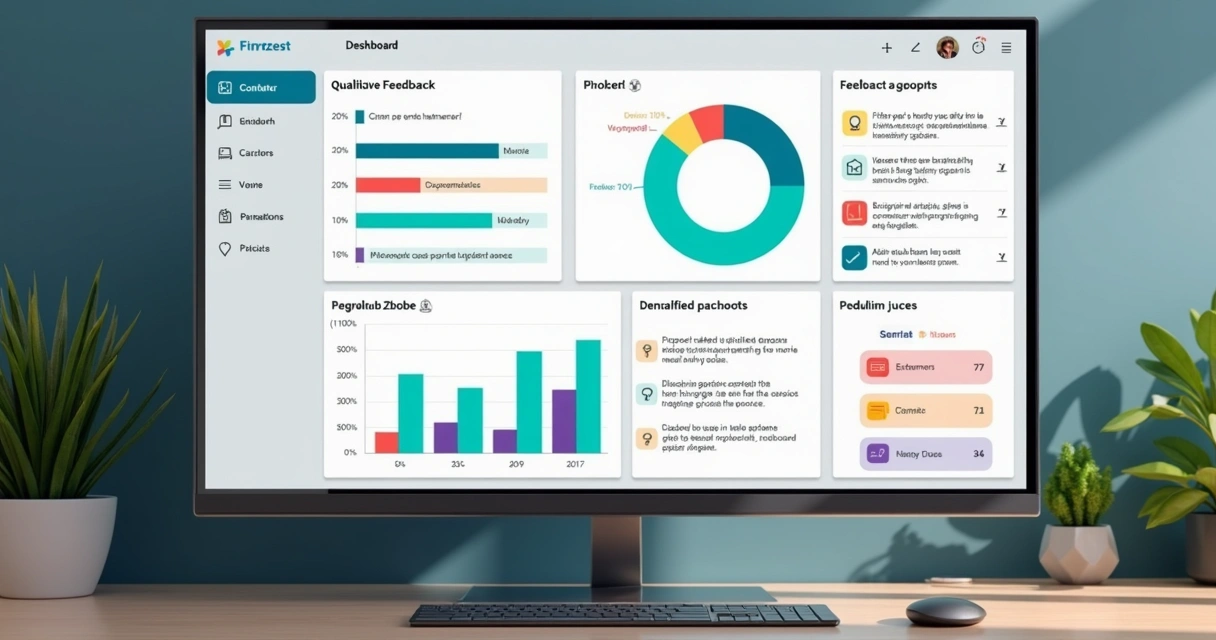 Dashboard de feedbacks qualitativos de clientes em tela de computador