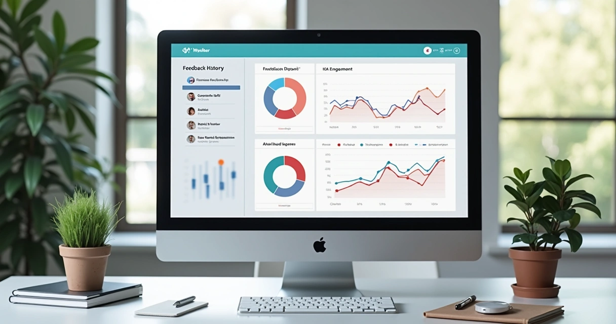 Dashboard digital mostrando histórico de feedbacks e gráficos de engajamento em tela de computador 
