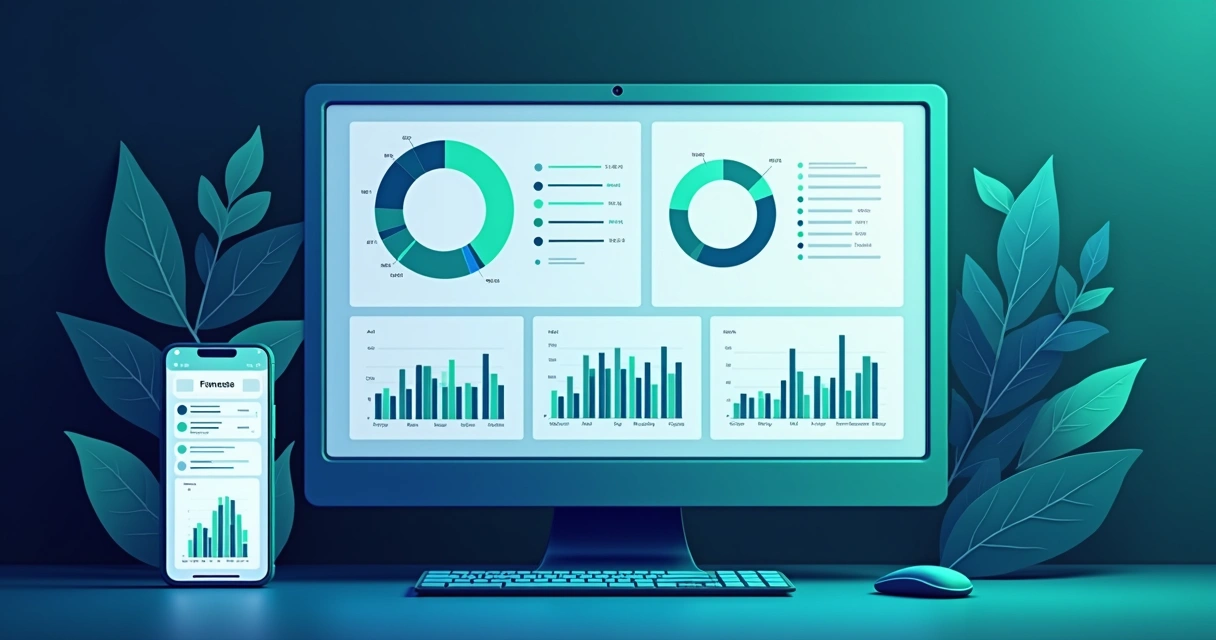 Dashboard digital com gráficos e métricas de finanças em tela grande 