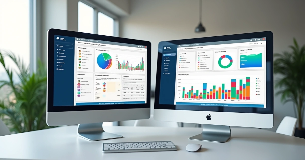 Dashboard de ferramenta digital de gestão contábil com gráficos coloridos, calendário, lista de tarefas e documentos em telas sobre mesa 