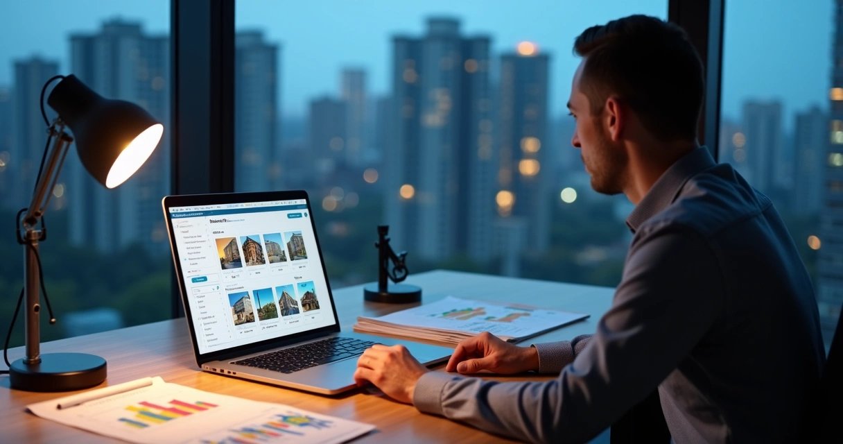 Investidor com notebook usando painel de ferramentas para imóveis de leilão 