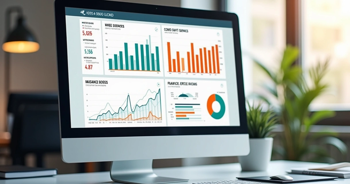 Dashboard financeiro com gráficos coloridos em tela de computador 