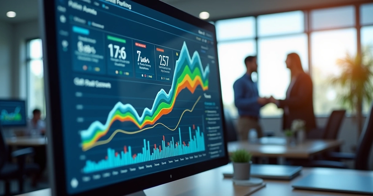 Dashboard financeiro digital mostrando gráficos de recebimentos em computador moderno 