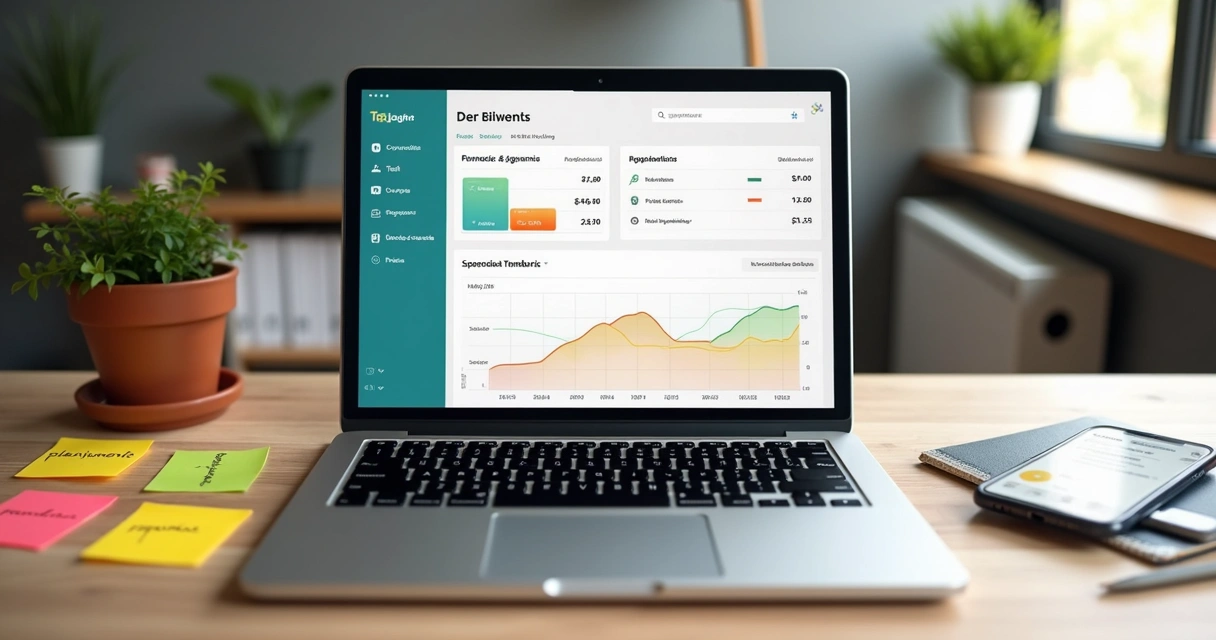 Dashboard digital de finanças empresariais em tela de notebook 
