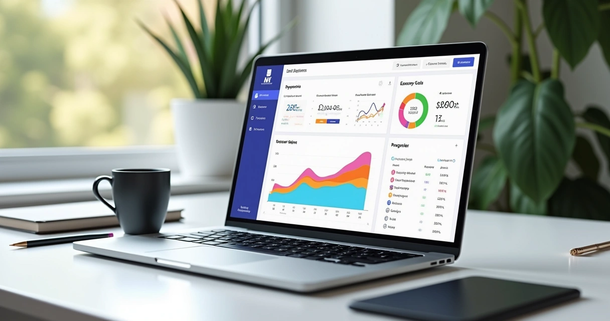 Dashboard financeiro em notebook moderno