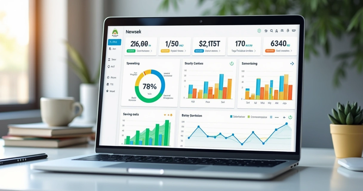 Dashboard financeiro com gráficos coloridos e resumo de metas financeiras 