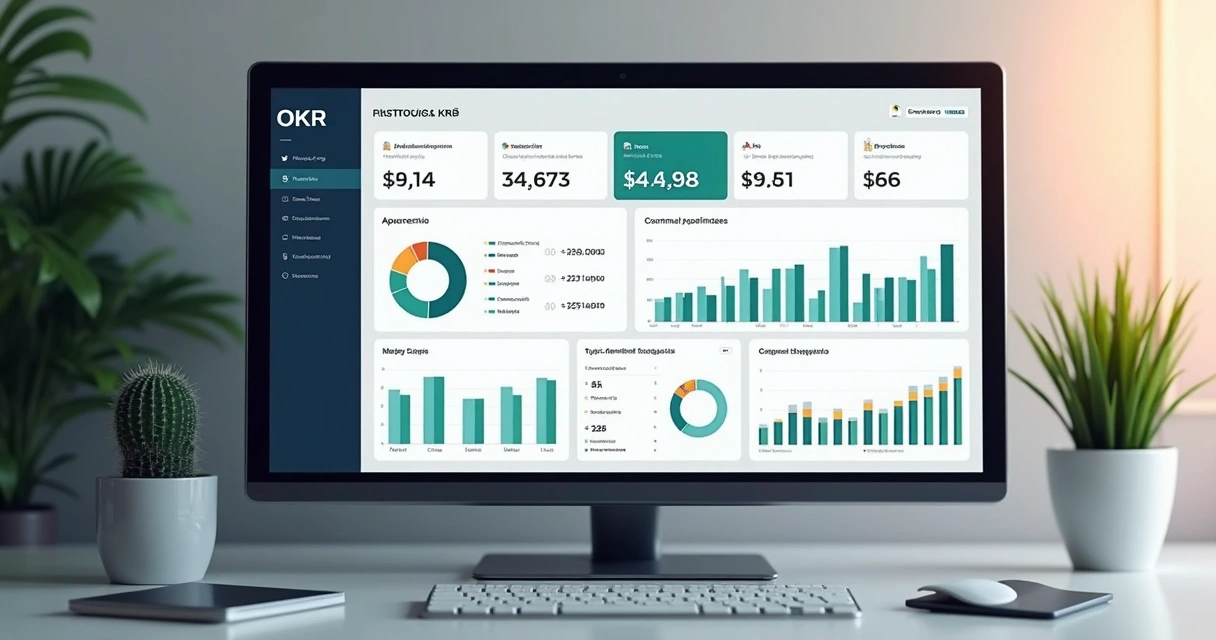 Dashboard financeiro mostrando OKRs e gráficos de PMEs