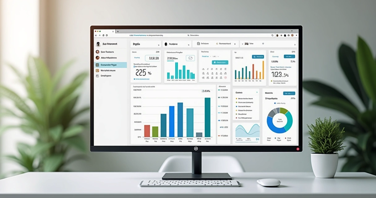 Dashboard financeiro com gráficos coloridos e relatórios digitais
