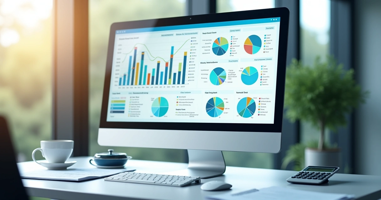Dashboard financeiro com gráficos coloridos em tela de computador 