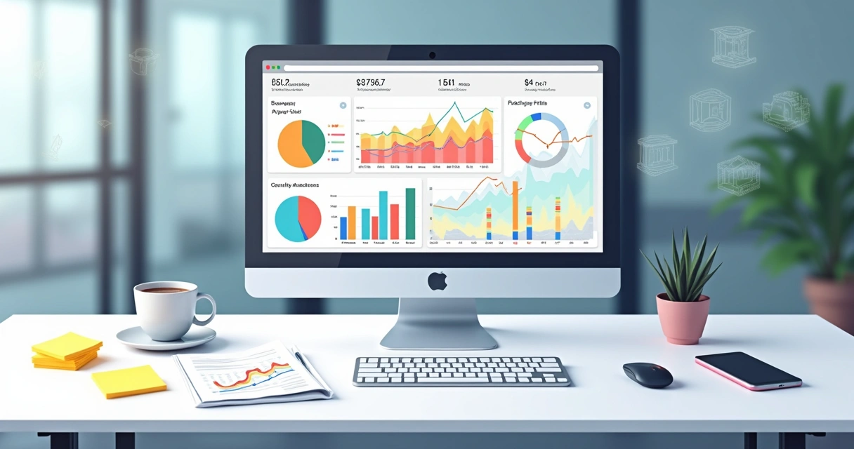 Dashboard financeiro em computador mostra gráficos de resultados de agência digital e relatório de contas a pagar