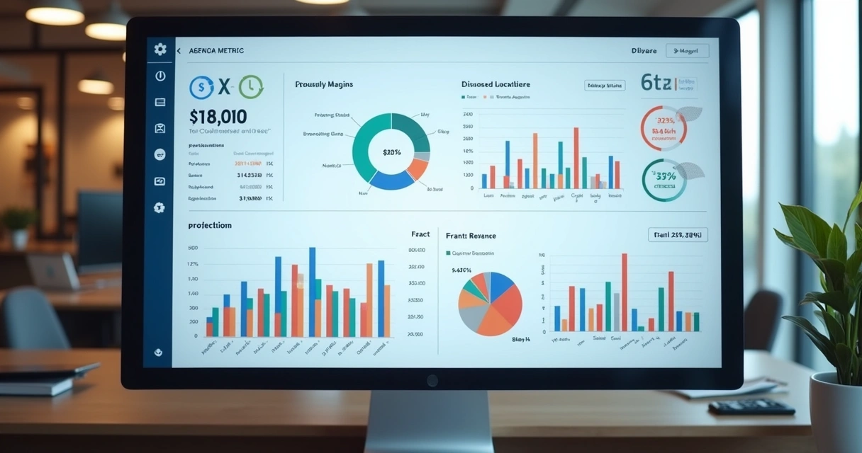 Dashboard financeiro com métricas e gráficos de margem, receita e previsões 