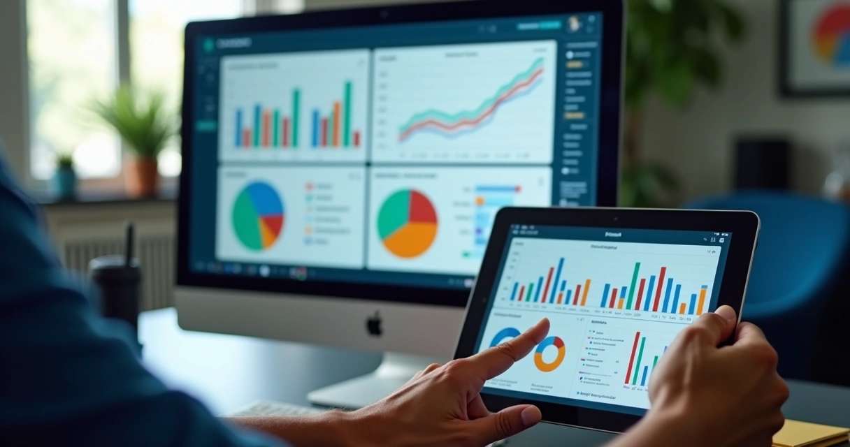 Tela de dashboard financeiro com gráficos coloridos centralizados 