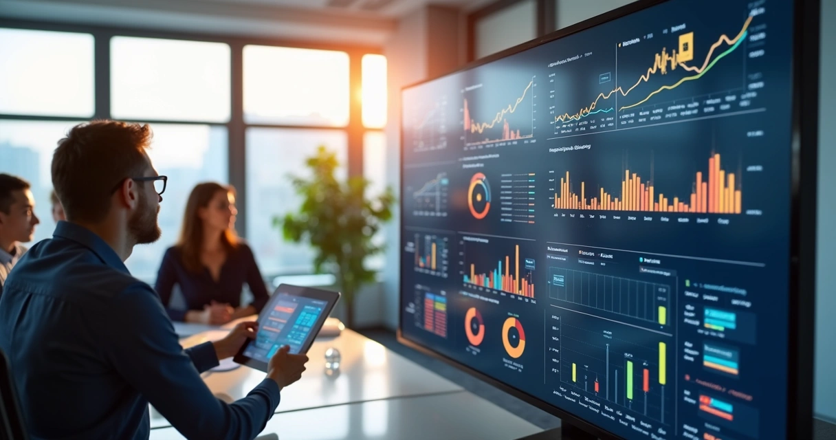 Painel digital com gráficos e indicadores financeiros exibidos em tela 