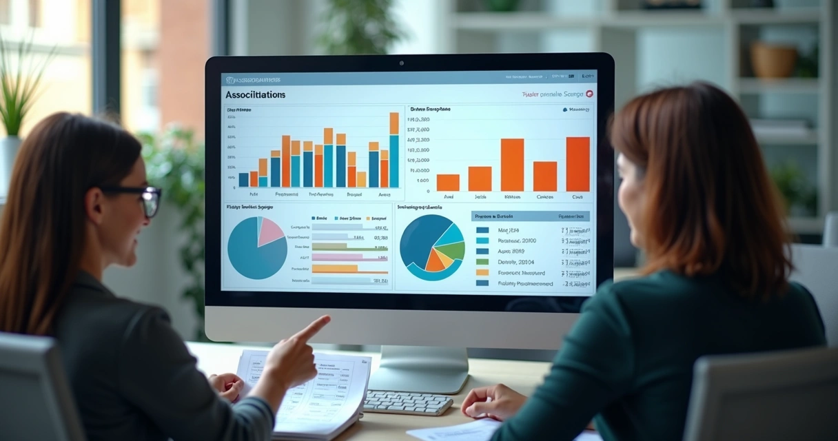 Dashboard financeiro de associação com gráficos, receitas e despesas coloridas. 