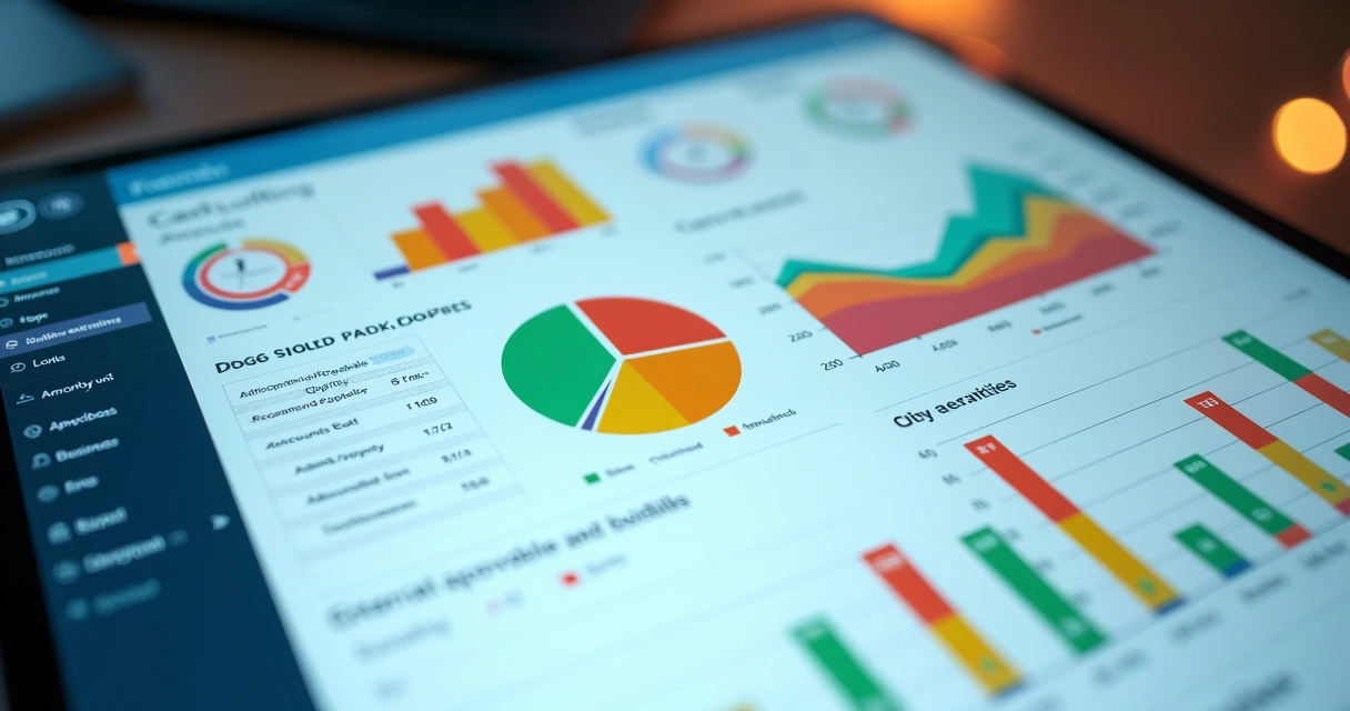 Dashboard colorido exibindo gráfico de fluxo de caixa, lista de contas a pagar e a receber 