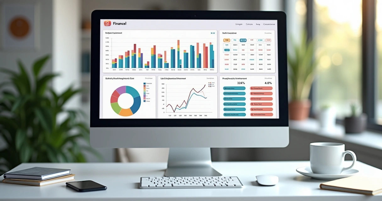 Dashboard financeiro digital com gráficos coloridos, tabelas e automação bancária 
