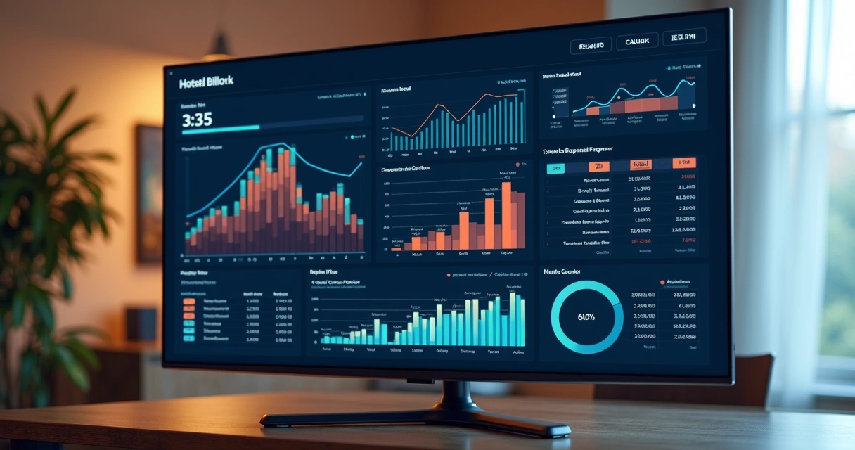 Dashboard financeiro de hotelaria com gráficos digitais 