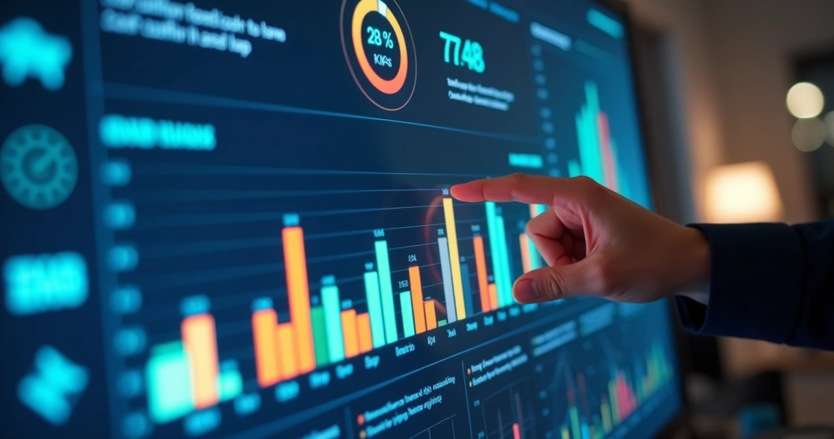 Painel digital com gráficos de desempenho financeiro coloridos