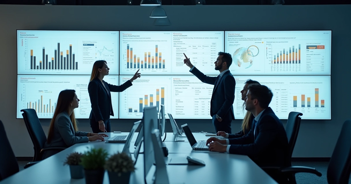 Dashboard financeiro exibido em várias telas grandes 