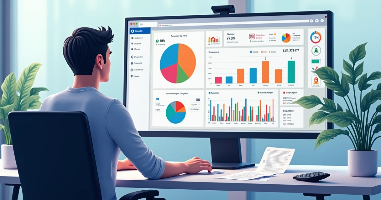 Painel financeiro centralizado com gráficos, documentos e dados em uma única tela 