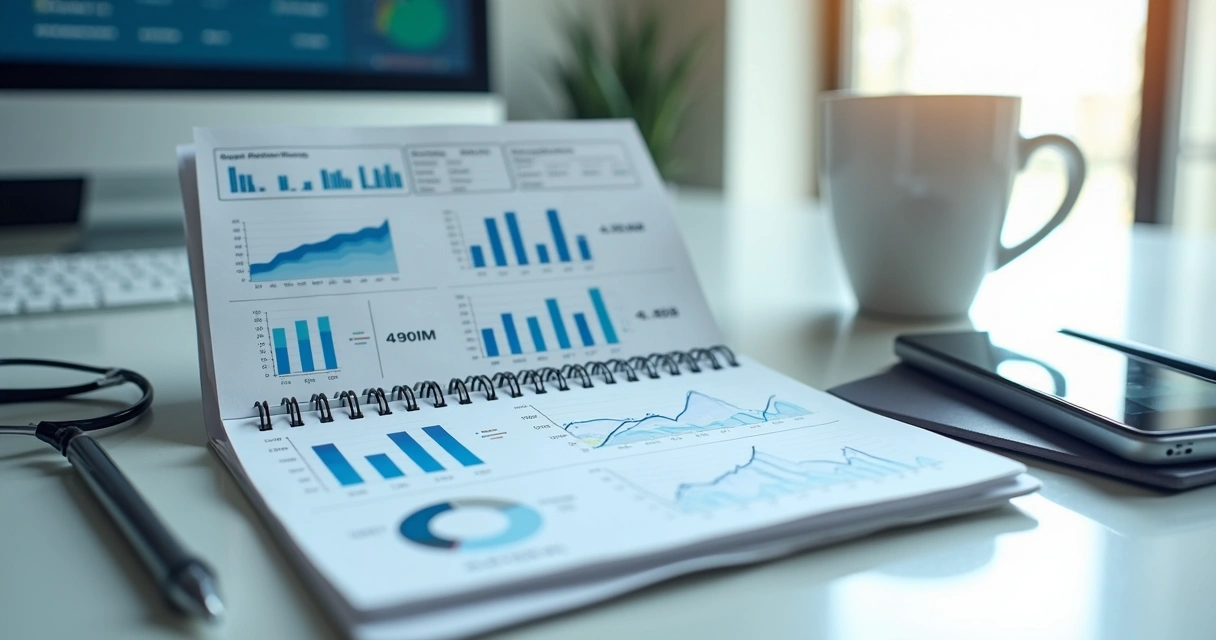Dashboard financeiro de clínica em notebook 