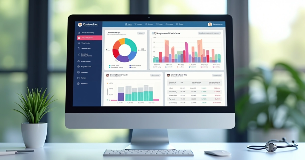 Dashboard financeiro de clínica médica com gráficos coloridos 