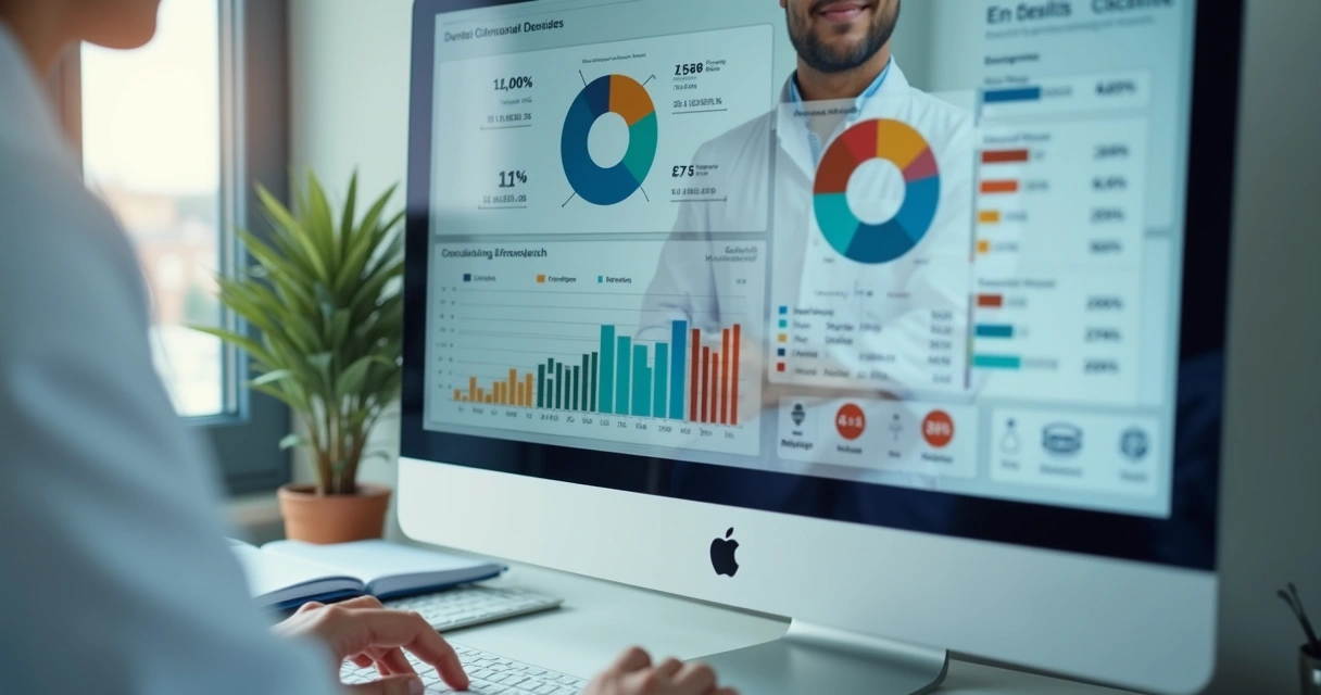 Dashboard financeiro de clínica odontológica em tela de computador