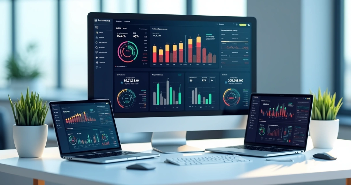 Dashboard financeiro com gráficos coloridos e painel integrado 