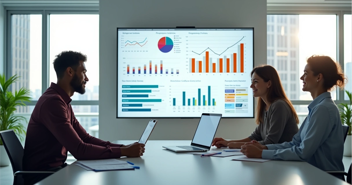 Painel digital com gráficos financeiros coloridos em fundo branco 