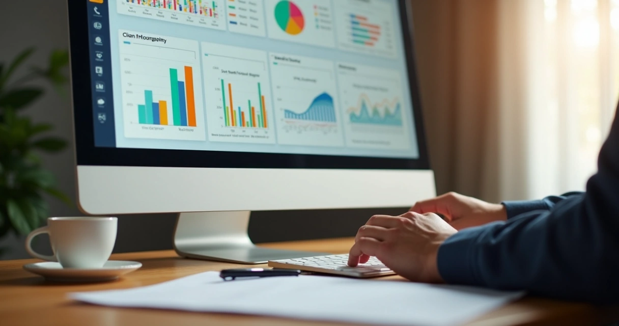 Dashboard financeiro em tela de computador com gráficos de desempenho 