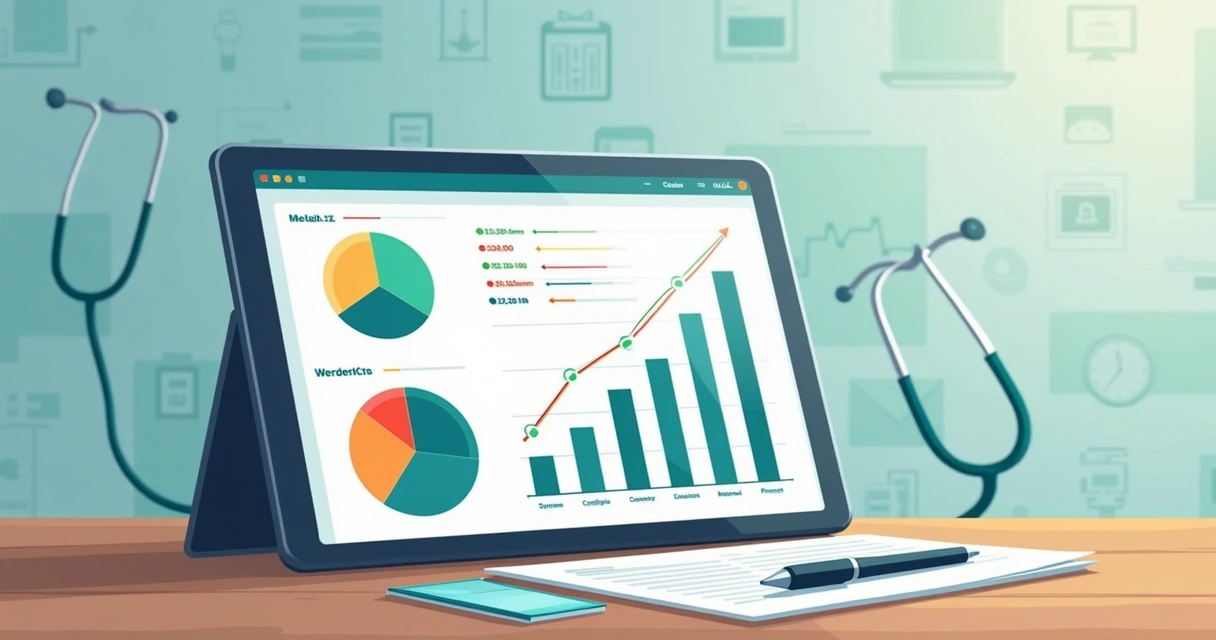Painel digital financeiro de consultório médico com gráficos e indicadores coloridos 