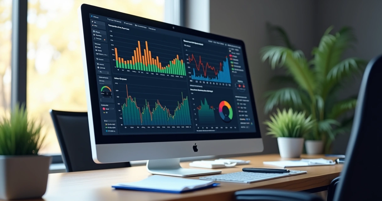 Dashboard financeiro com gráficos coloridos e indicadores em tela de computador em escritório 