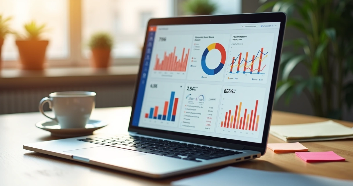 Painel financeiro colorido com gráficos de barras, pizza, e indicadores claros na tela de um notebook 