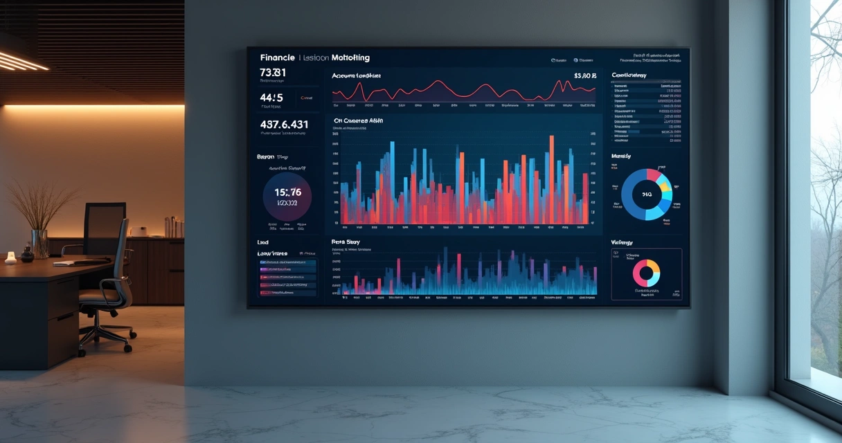 Dashboard financeiro digital com gráficos e indicadores em tela grande 