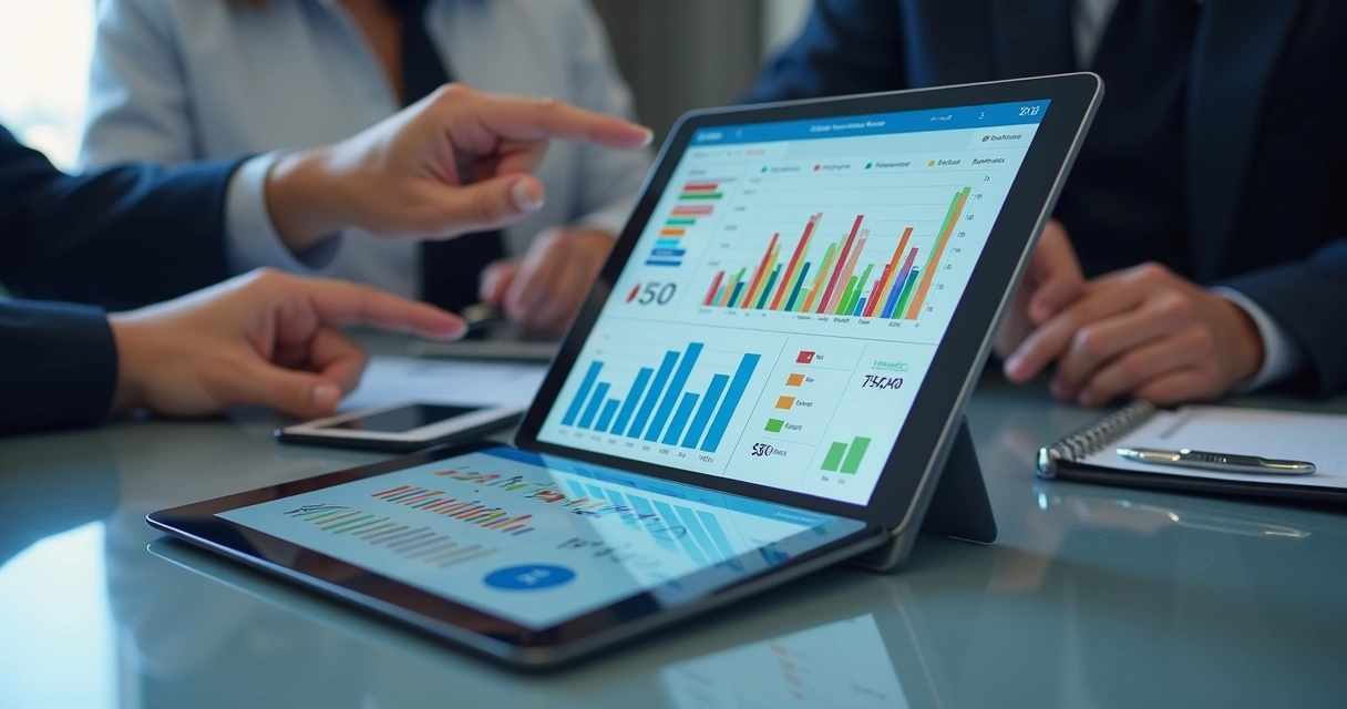 Painel digital mostrando indicadores financeiros em um tablet 