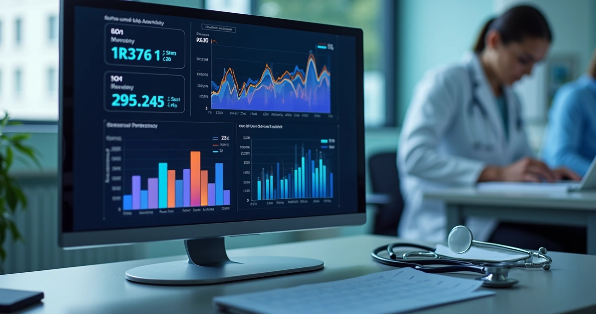 Dashboard financeiro digital com gráficos de desempenho para uma clínica 