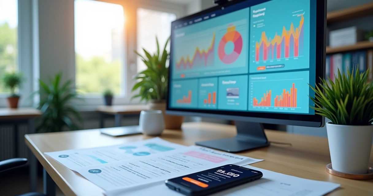 Painel digital colorido com gráficos financeiros, boletos, celulares e ícones de pix e notificações automáticas 