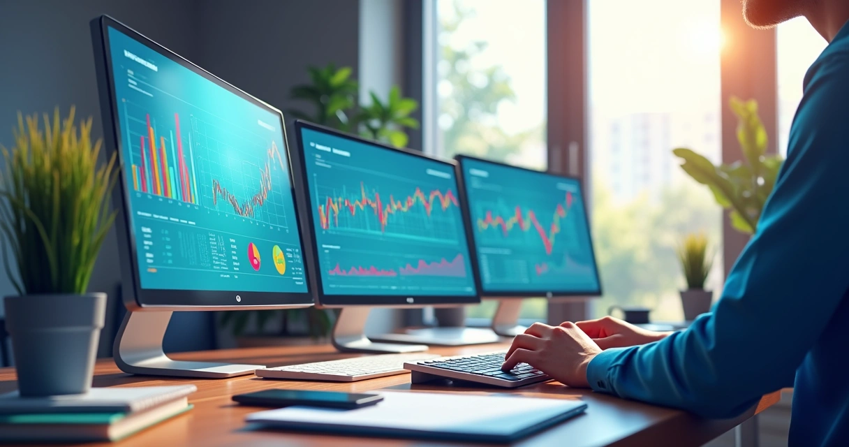 Dashboard financeiro digital com gráficos e relatórios coloridos