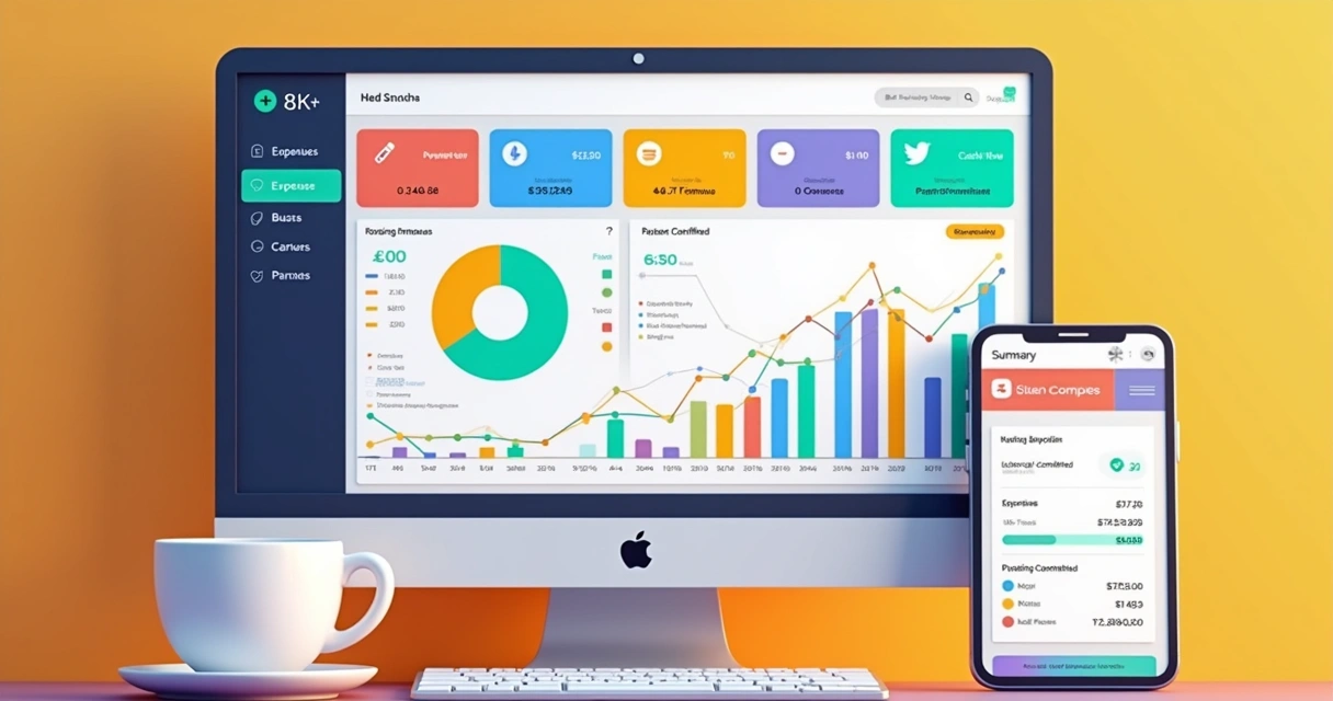 Dashboard financeiro simples exibindo gráficos coloridos 