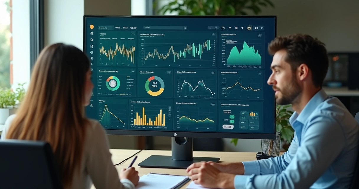 Monitor exibe painel financeiro moderno com gráficos coloridos e tabelas 