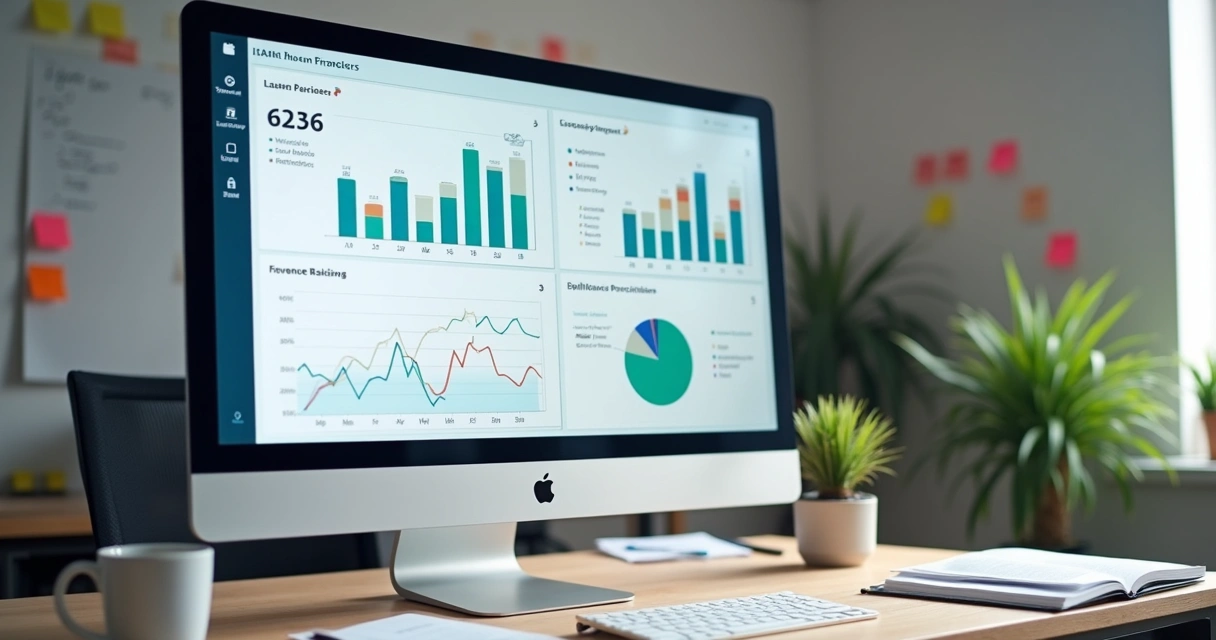 Dashboard financeiro em tela de computador 