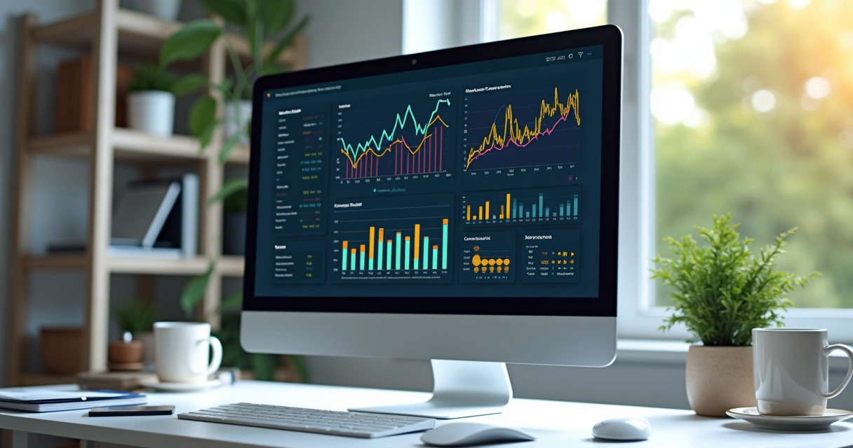 Dashboard financeiro colorido em tela de computador com gráficos e indicadores 