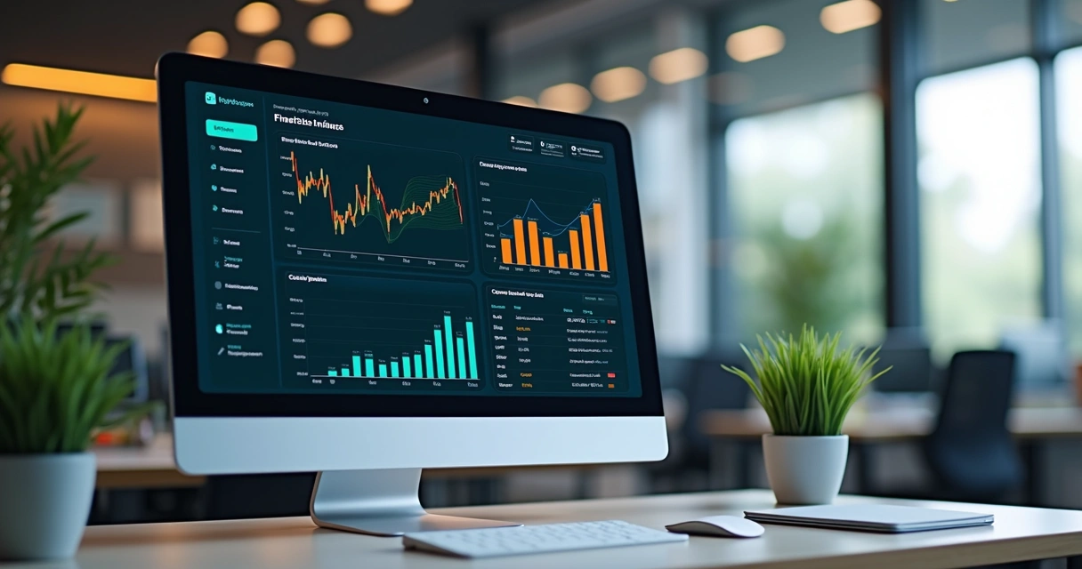 Dashboard de sistema financeiro com gráficos e relatórios em tela 