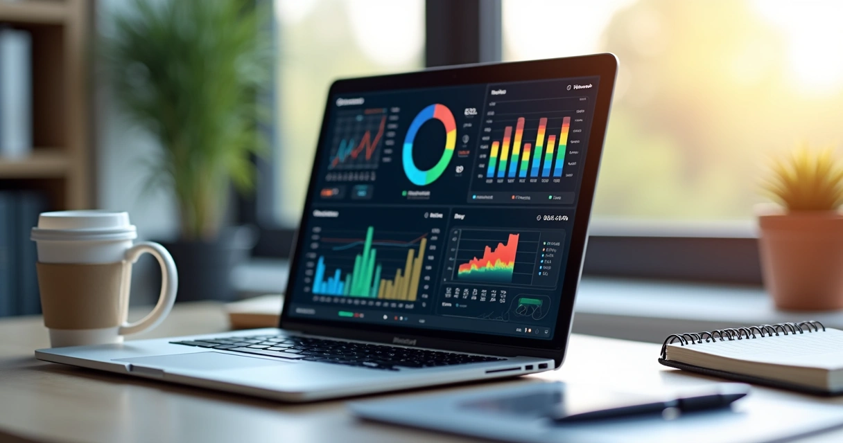 Dashboard financeiro digital em laptop no escritório 