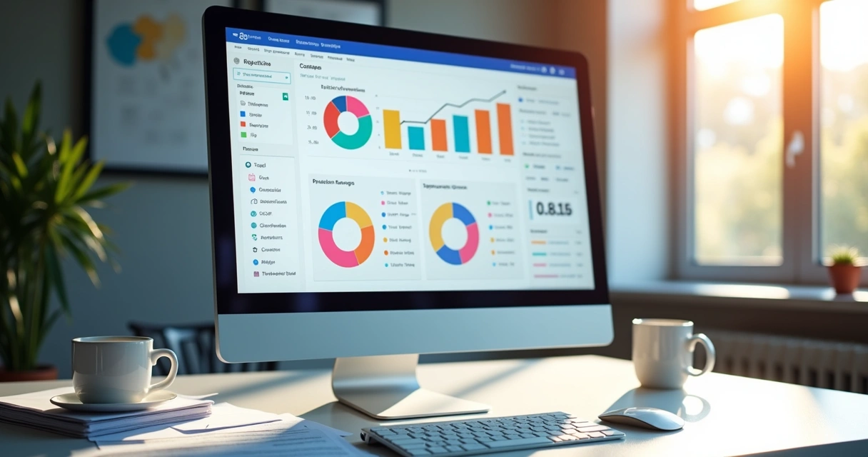 Dashboard financeiro com gráficos coloridos e indicadores de desempenho na tela. 