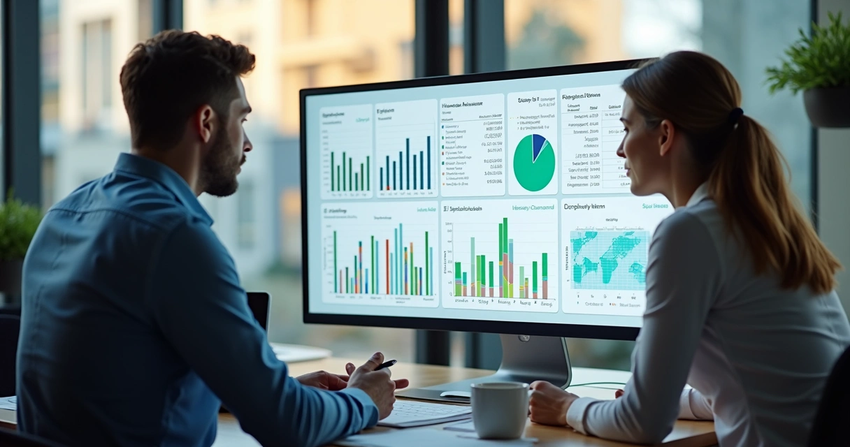 Dashboard financeiro em tela de computador com gráficos e relatórios 